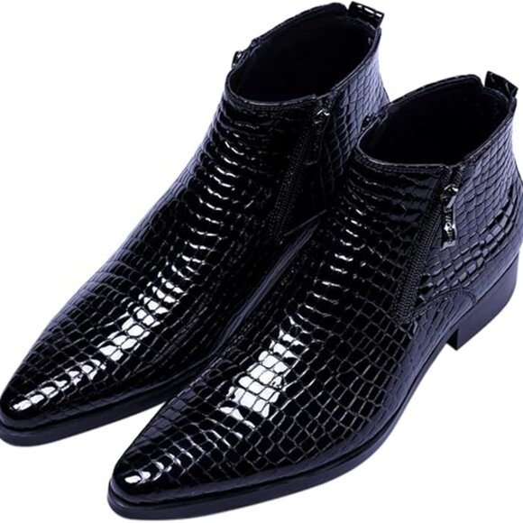 Santimon Men\'s US 7 - 11‎ Black Alligator Patent Leather Zipper Ankle Boots
